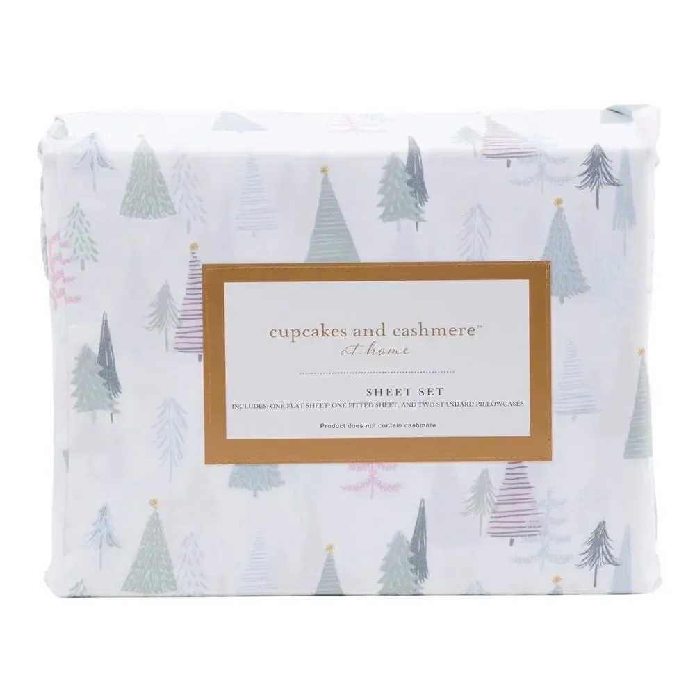 Cupcakes & Cashmere Amsterdamn Trees Pastel Christmas Tree QUEEN Sheet Set NEW